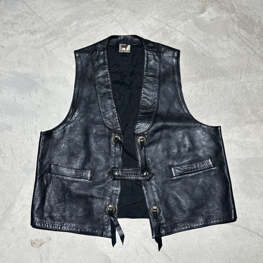 Vintage El Toro Men's SZ Large Black Leather Vest Biker Western Cowboy Rodeo